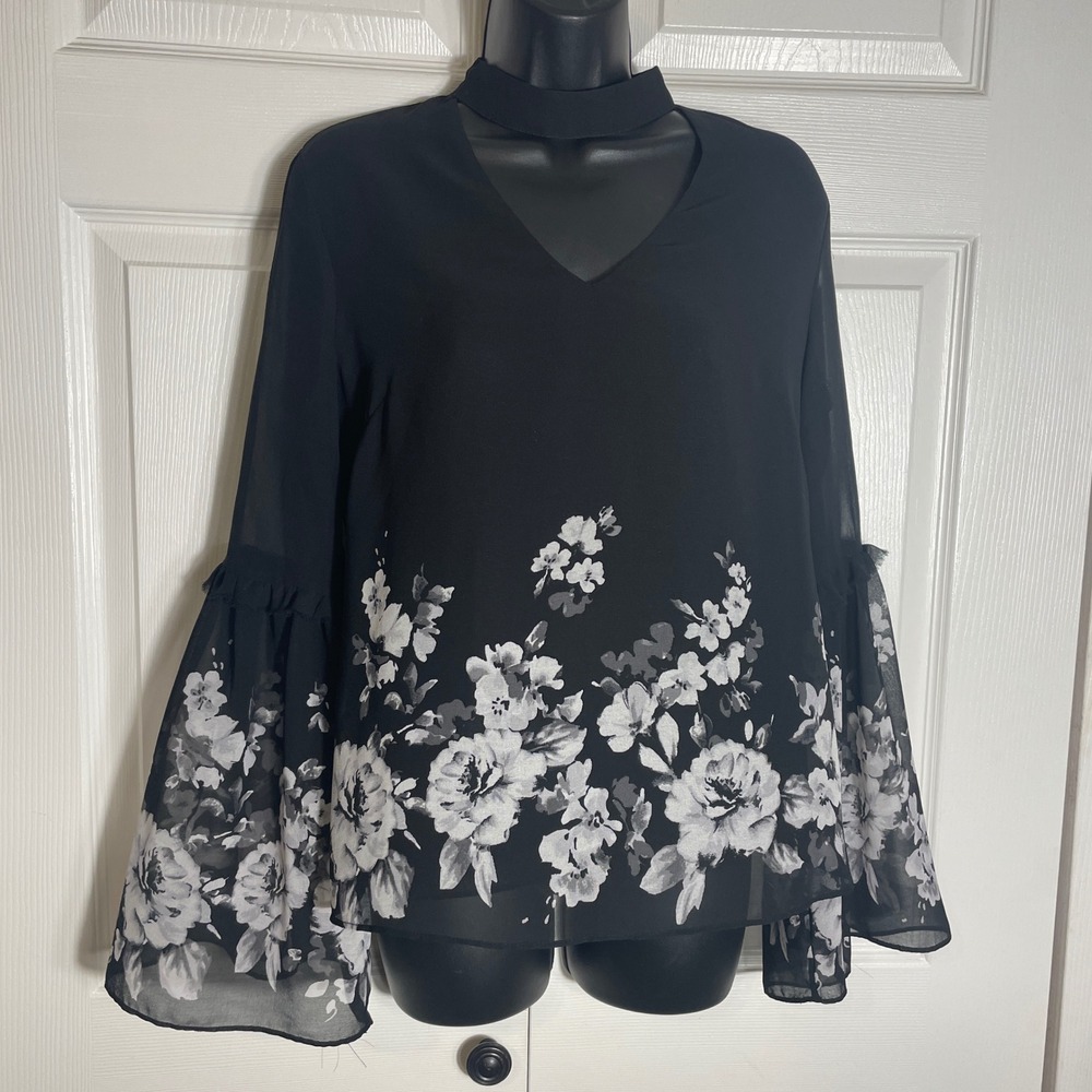 WHBM‎ Flared Sleeve Shirt Women 4 Black Floral Choker Neck Whimsigoth Blouse Top